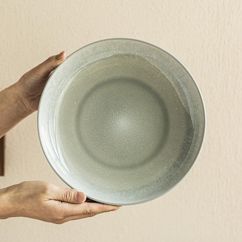 Kiln Change Shallow Bowl Japanese Ceramic Large Bowl Minimalist Style Tableware Bowl Household Bowl Round Bowl Large Vegetable Plate Salad Bowl