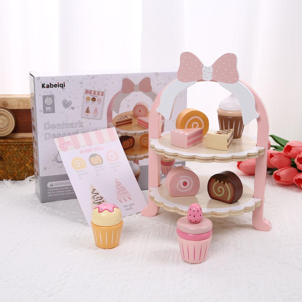 Children's Wooden Simulated Pink Dessert Stand Pretend Play Toy for Cakes, Pastries and Afternoon Tea