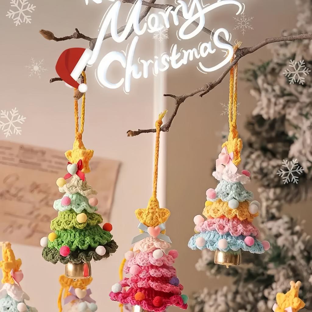 New Knitted Christmas Tree with Jingle Bell Plush Christmas Hanging Pendant Wool Crochet Christmas Tree forChristmas Party Decor