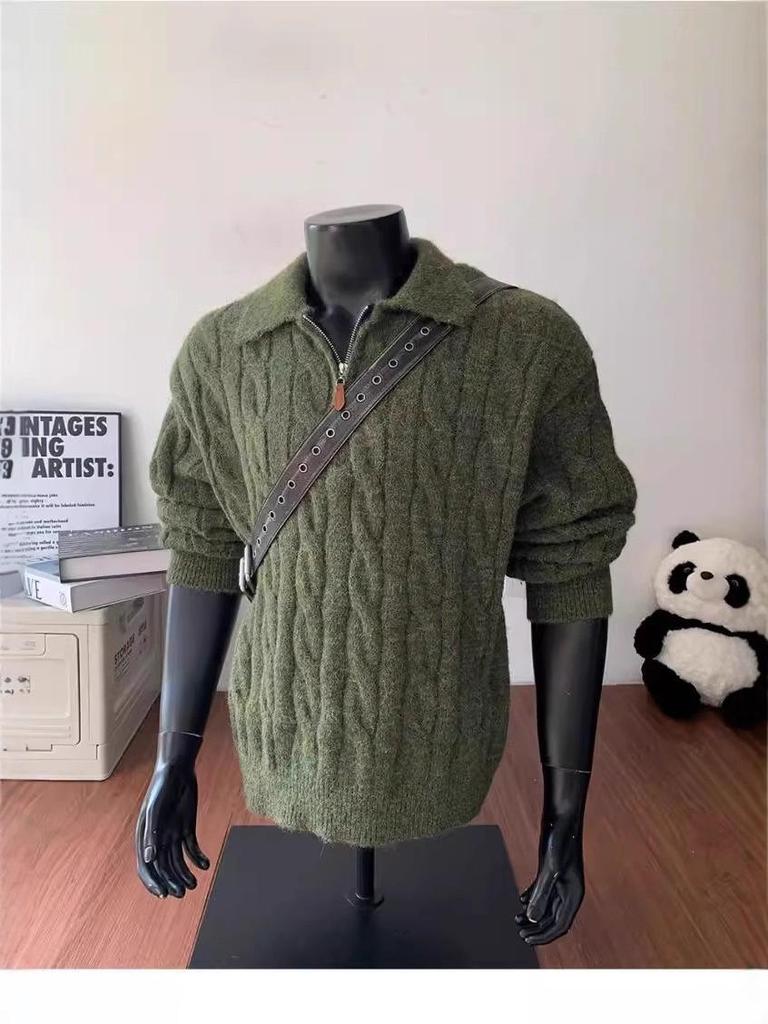 Men's Retro Cable Knit Half-Zip Sweater - Autumn Trendy, Lazy Style, American Casual Polo