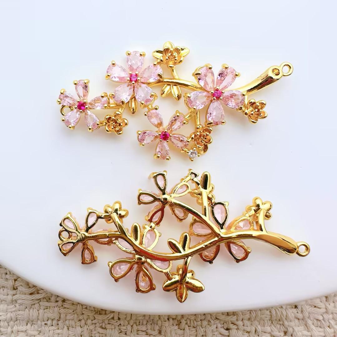 Petal Gold-Plated Copper Zircon DIY Pendant for Bracelets & Necklaces 53.5*27.5mm