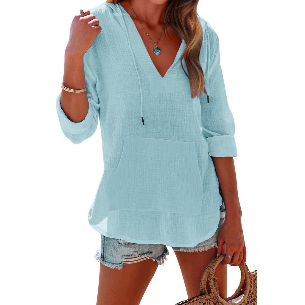 Summer Beach Smock Hoodie, Sports Long-sleeved V-neck Pocket Hooded Women's Shirt Top