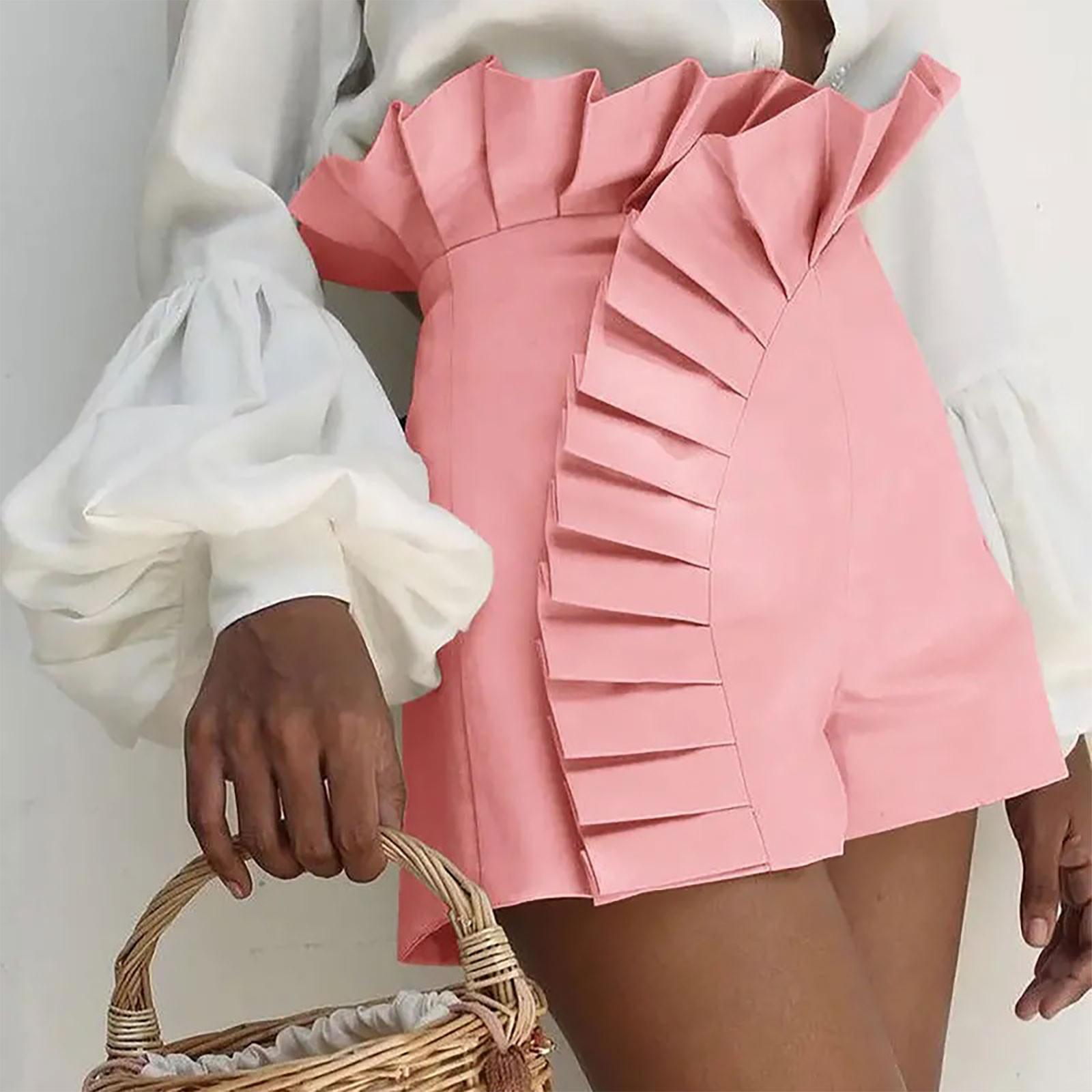 

Женские свободные струящиеся шорты с высокой талией. Женские летние шорты на молнии с рюшами. Шорты для путешествий и отдыха. M розовый