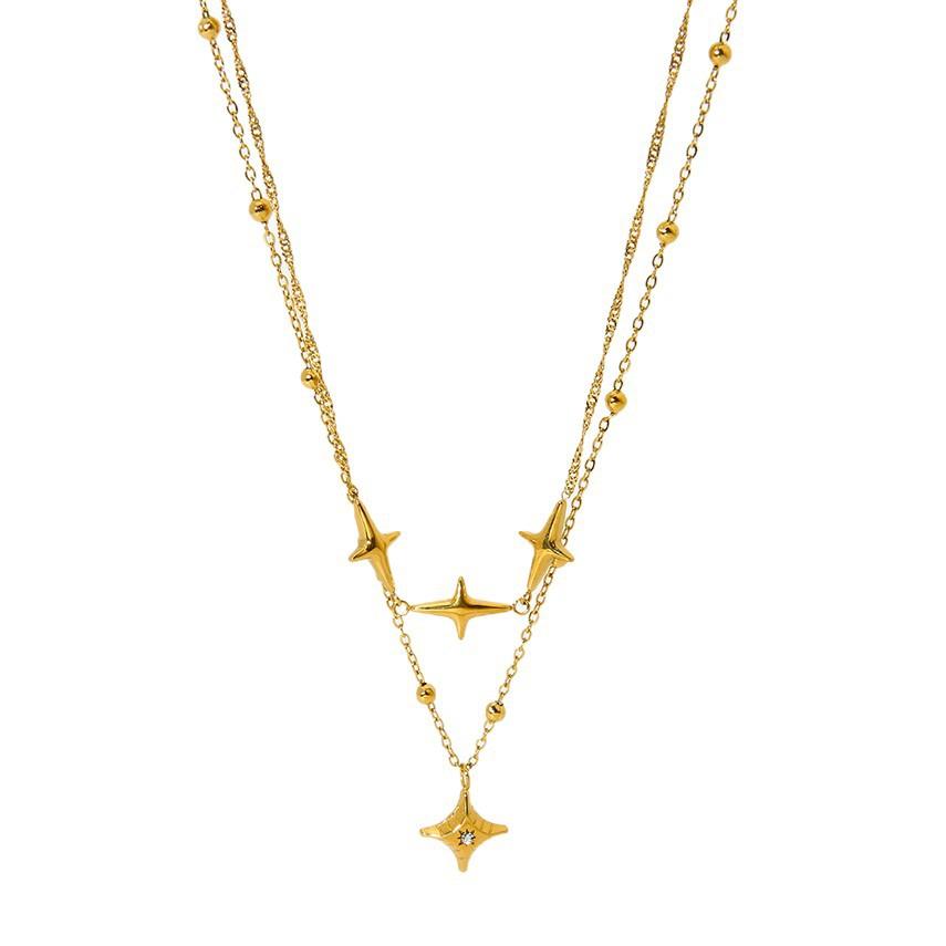 ins personalized light luxury tetragonal star clip bead chain double-layer necklace 18K stainless steel waterproof collarbone chain jewelry women