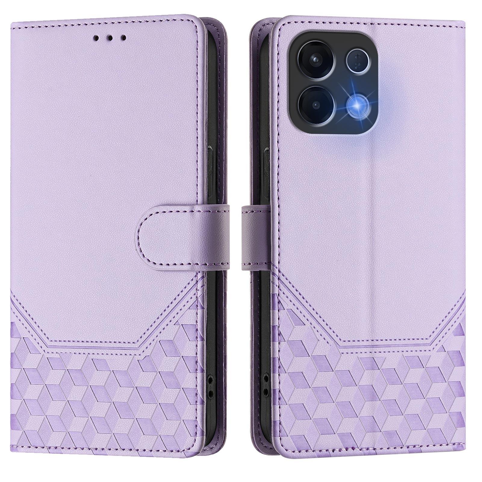 

For Oppo K13 5G Case Imprinted Honeycomb RFID Blocking Leather Phone Cover with Strap Light Purple