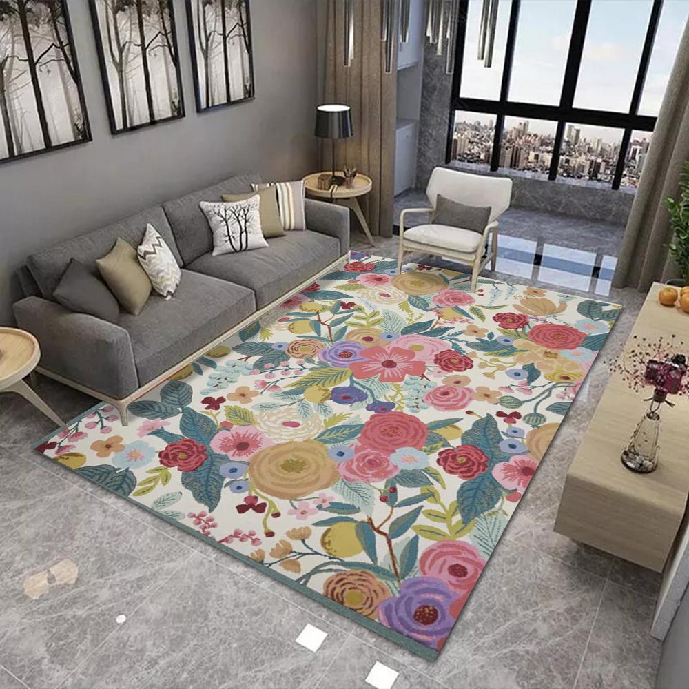 Vintage Floral Pattern Area Rug With Colorful Diverse Botanical Designs Classic Floor Decor Comfortable Carpet For Living Room