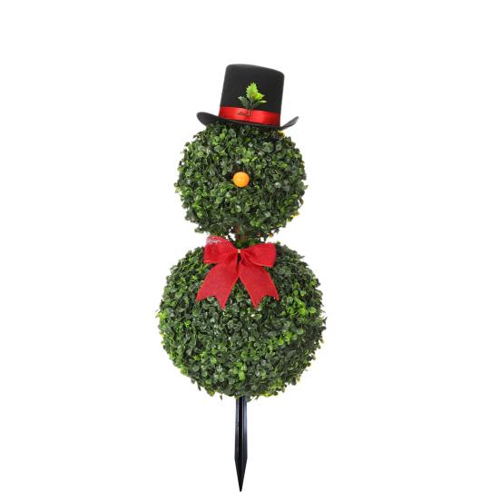 Christmas Snowman Topiary Artificial Snowman Shaped Topiary Tree with Bow And Hat Outdoor Boxwood Topiary with Stake for Home Porch Decor