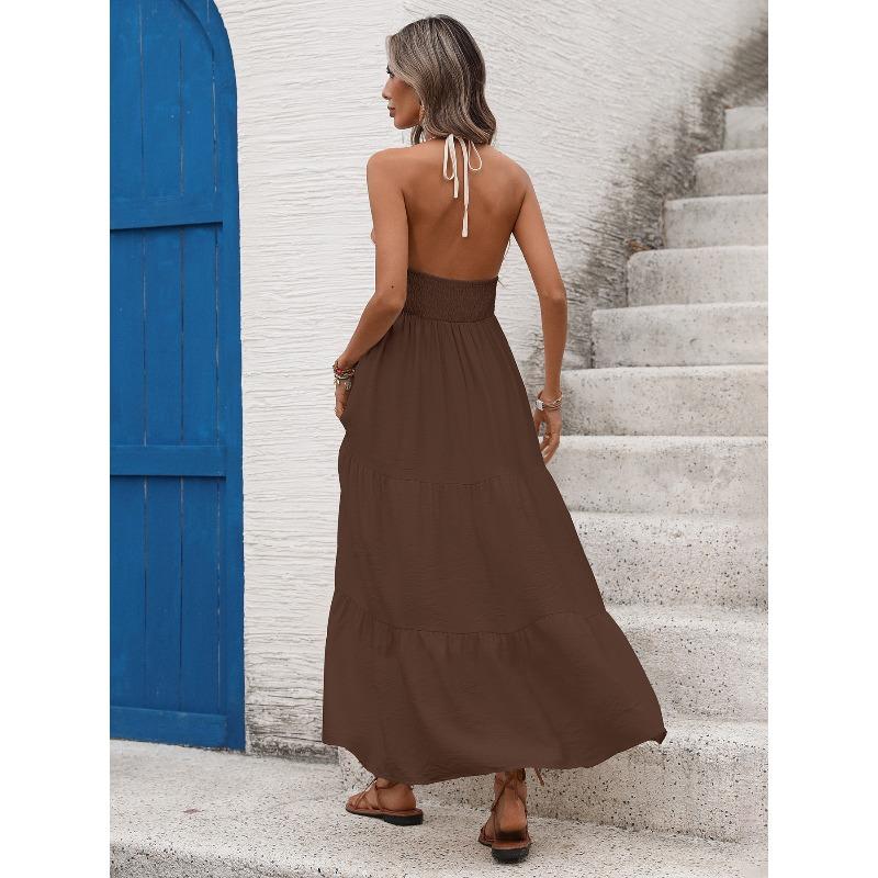 Women's Fashion Summer Spring Solid Color Print Sleeveless Hanging Neck High Waist Casual Dresses