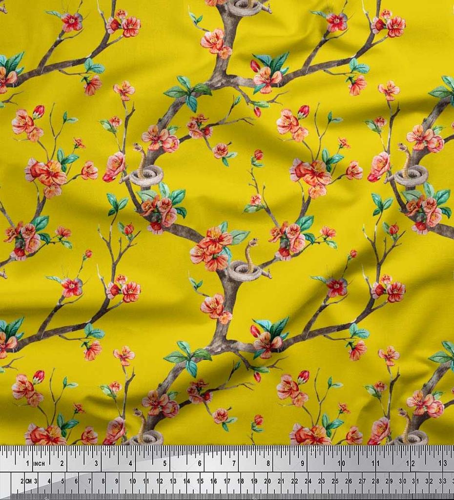 Soimoi Japonská krepová saténová látka Had, listy a květy, květinový potisk v metrech 42 palců