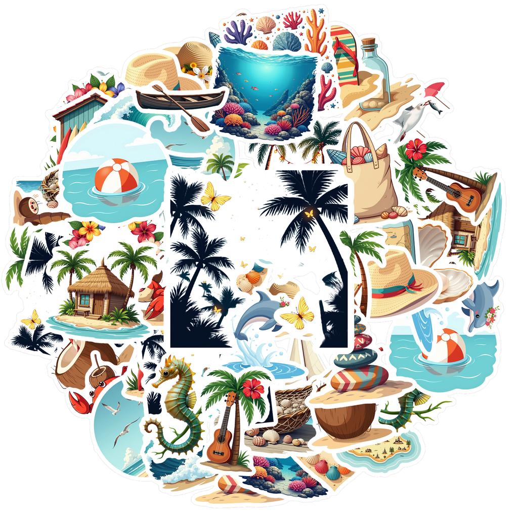 35-70pcs Tropical Island Beach Stickers Summer Travel Diy Luggage Guitar Fridge Laptop Graffiti Sticker Stationery School