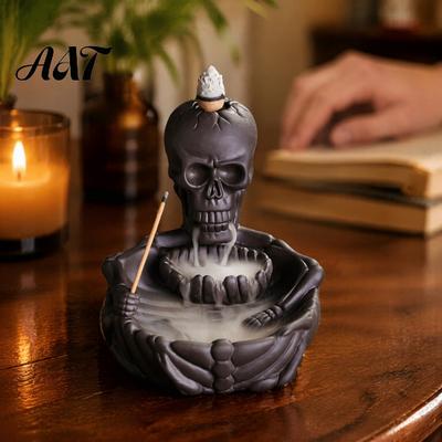 Artistic Incense Diffuser Skeleton Burner, Backflow Waterfall Cone Holder, Gothic Skull Purple Clay Holder Stick for Halloween Home Decor, Meditation