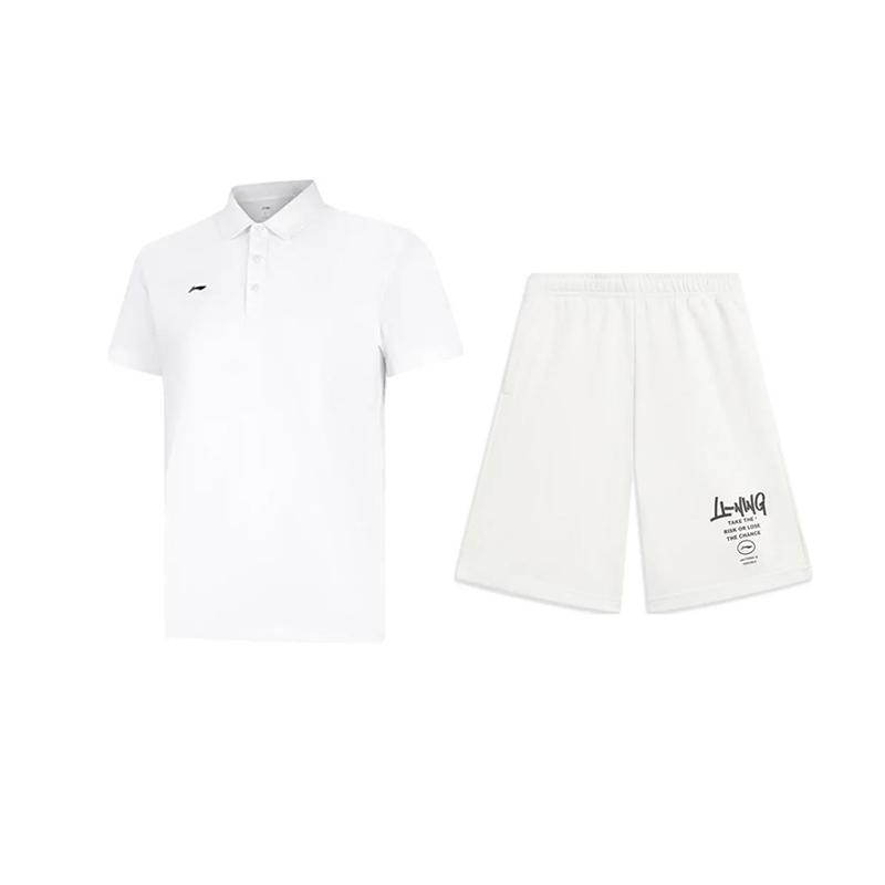 Li-Ning Plain Simple Skin-Friendly Comfortable Versatile Short Sleeve Polo Shirt Casual Sports Suit Unisex Suit White APLV495-1+AKST593-7
