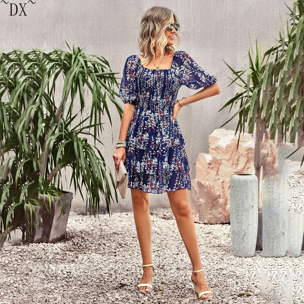 DX~~ Designer Women's Dress Spring and Summer French Square Neck Cake Skirt Independent Station Fashion Resort Women's Wear