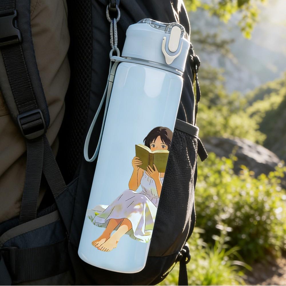 1PC Little Girl Fruit Basket Watercolor Print 750ml Color Plastic Sports Water Bottle Leakproof Flip Straw Lid Suitable for Sports Office Home Use