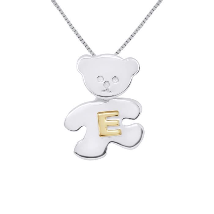 LÉA & ARTHUR - Pendentif Enfants Motif (OURSON) Argent 925 Millièmes Rhodié & (Lettre E) Plaqué Or Jaune