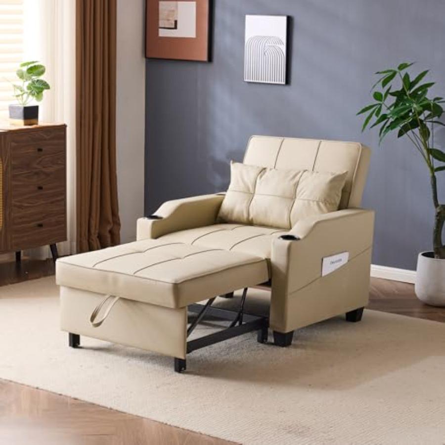 Sofa Bed Chair Recliner, 3-in-1 Convertible Sleeper Sofa Chair Bed Beige Daybed Pull Out Couch Bed with Adjustable Backrest, US