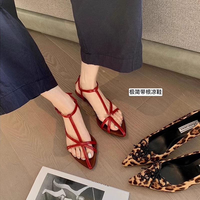 Sheepskin version~ niche leather pointed toe wedge sandals cross cross with open toe design medium heel cool slippers women