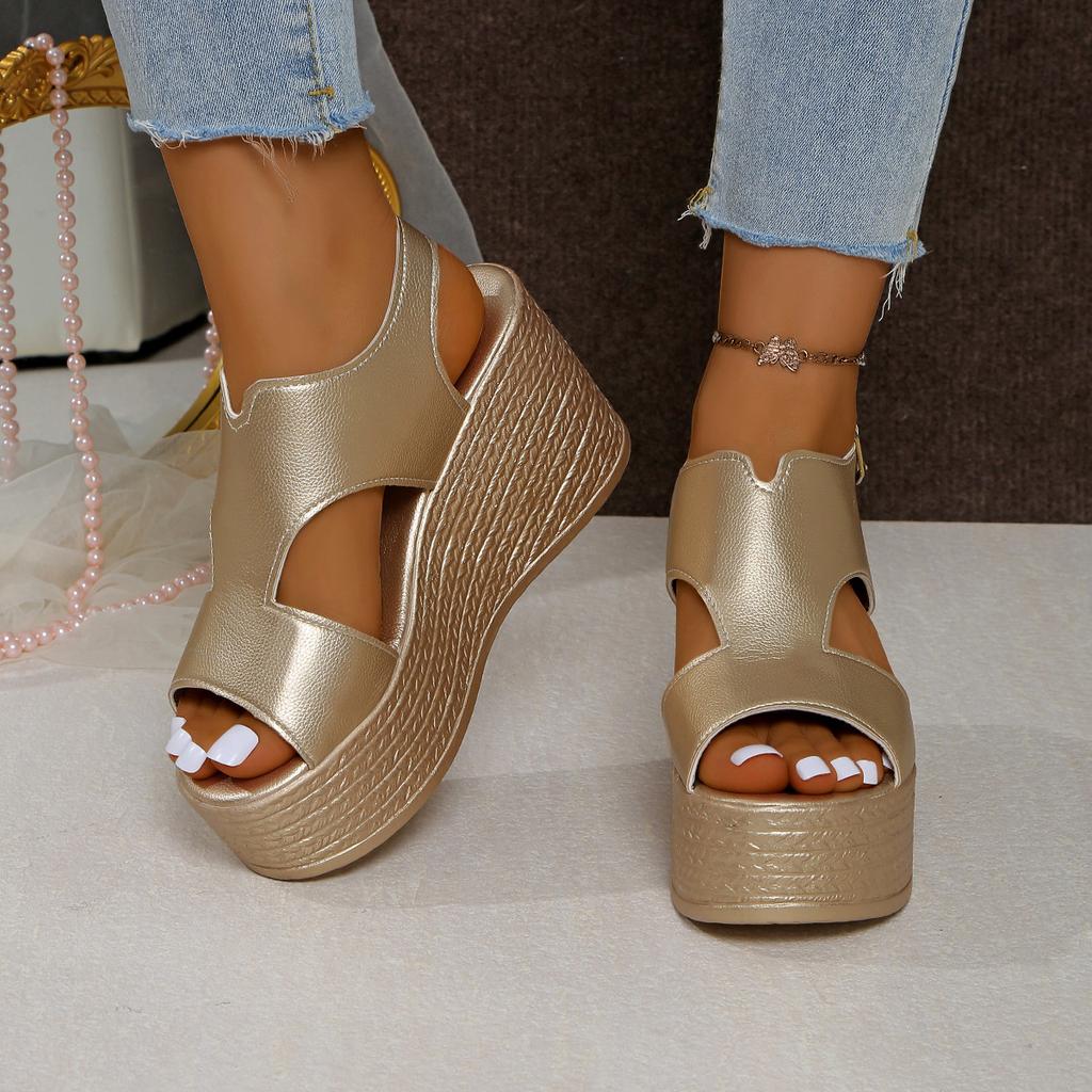 Open-toe Slope Sandals Leather Strap Roman Shoes 2026 Summer Fashion Lightweight Thick Sole Non-slip High Heels Women's Shoes