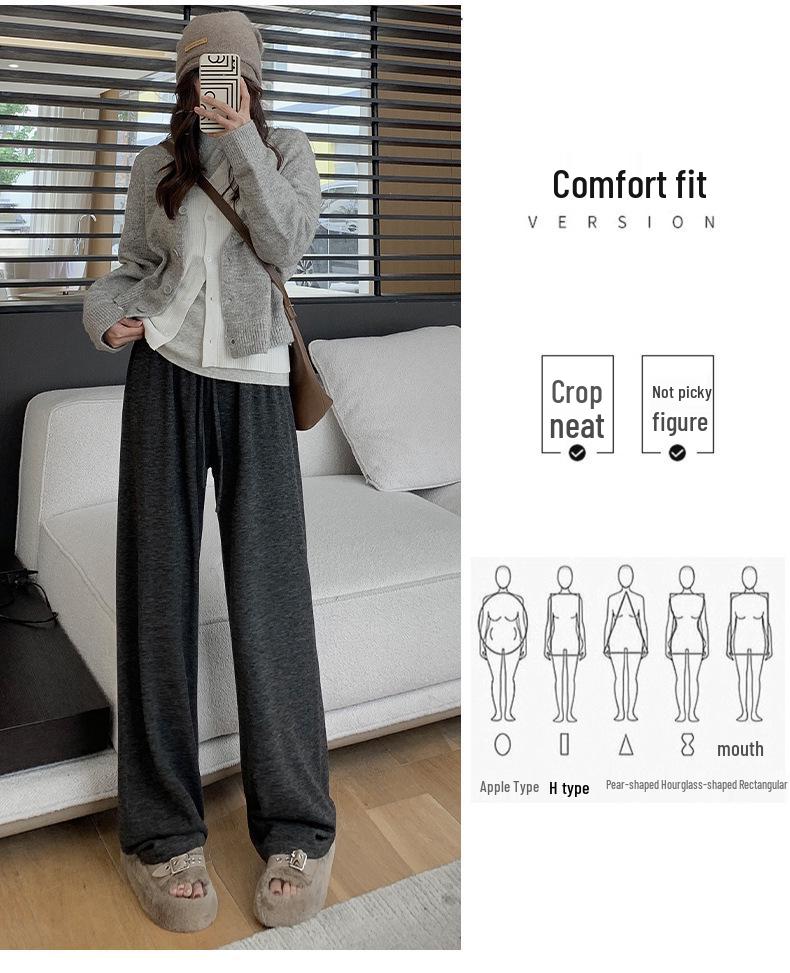 Women's Dark Gray Soft Wide-Leg Glutinous Rice Pants - Spring/Autumn Plus Velvet Warm Casual Petite Long Pants.