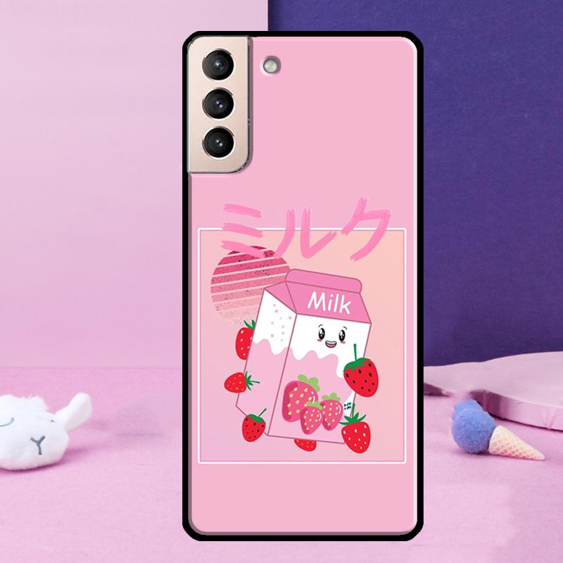 Kawaii Strawberry Milk Phone Case For Samsung Galaxy S25 Ultra S24 S23 Ultra S9 S10 S20 S21 S22 Plus S24 FE Cover