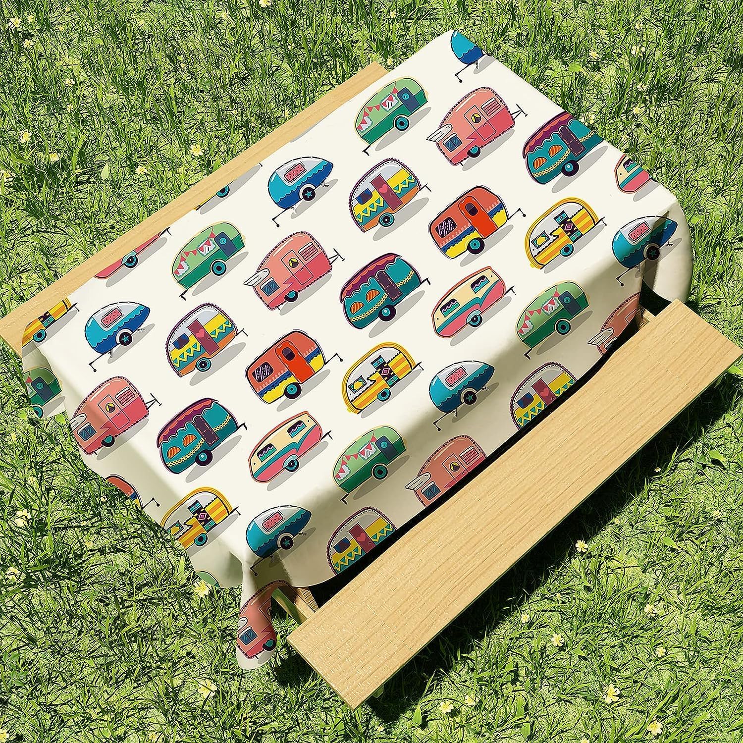 

DPLin Camping Tablecloth Waterproof Reusable Picnic Table Cover Happy CamperTablecloth Outdoor Picnic Blanket (Retro Vinyl, 54 X108 )