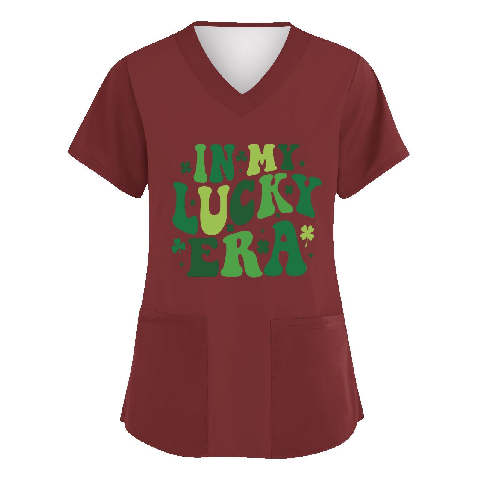 

Женская мода с v-образным вырезом, короткими рукавами и карманами, топы с принтом M красный