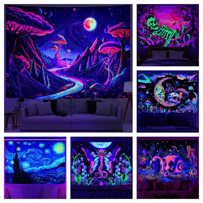 Blacklight Galaxy Moon Tapestry Trippy Plant Floral Uv Reactive Neon Mountain Forest Psychedelic Wall Tapestrie For Room Decor