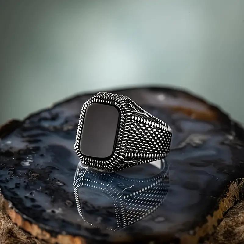 Retro Handmade Turkish Signet Ring Vintage Men Ancient Silver Color Pattern Ring Inlay Black Zircon Party Punk Motor Biker Ring