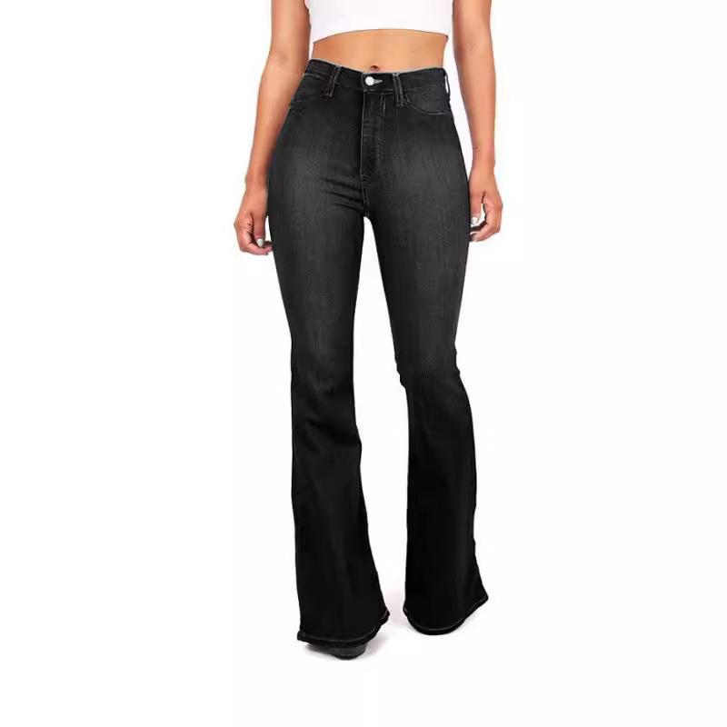 Women Bell Bottom Jeans Elastic Waist Ripped Flared Jean Destroyed Raw Hem Denim Pants