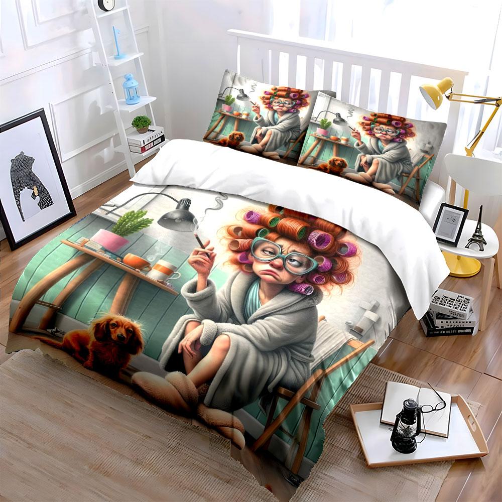 Woman In Robe With Dog Bedding Set For Kids Luxury Gift 3Pcs Digital Print Comforter Set Soft Comfortable Breathable