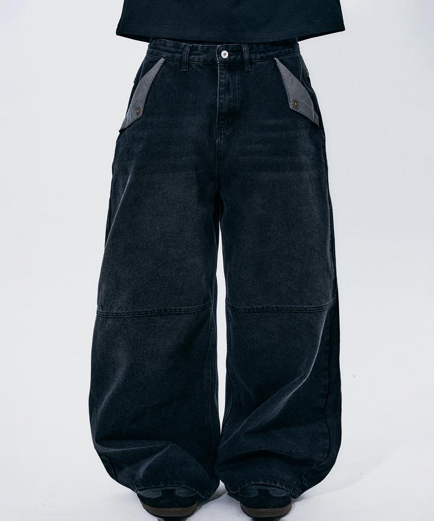 SOMEPLACE MAN Basic Check Color Block Pocket Detail Selvedge Wash Wide Denim Pants [Black Denim]