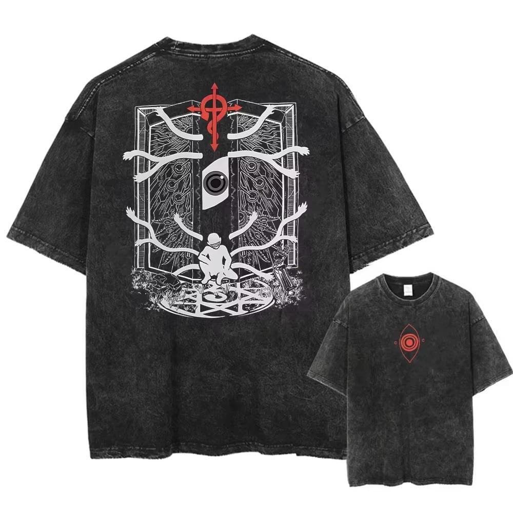 Classic Japan Anime Fullmetal Alchemist Brotherhood Manga Print Tees Loose Casual Oversized Top Men Women Washed Cotton T-shirts