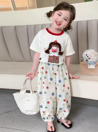 Girls Summer Cartoon Polka Dot Short Sleeve Set Baby Mosquito Proof Pants Two Piece Outfit
