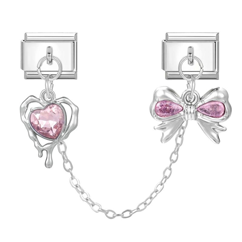 Y2K Zircon Moon Bow Star Pink Heart Tassel Chain Italian Charm Links Fit 9MM Stainless Steel Bracelet Women DIY Making Jewelry