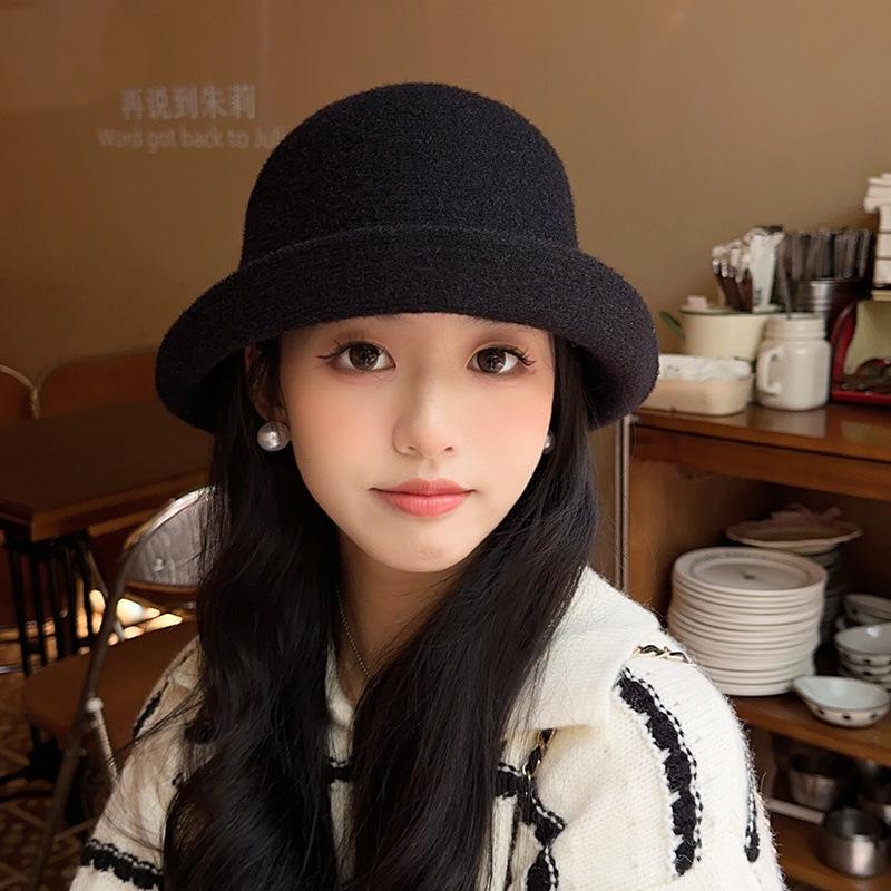 Bucket hat women's autumn and winter new solid color temperament top hat big head circumference curling women's bucket hat fashionable and versatile