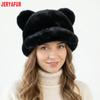 Women White Faux Fur Baseball Cap, Curved Brim Hat with Black Pom‑pom, Soft Plush Winter Ladies Cap, 55‑60cm Head Circumference