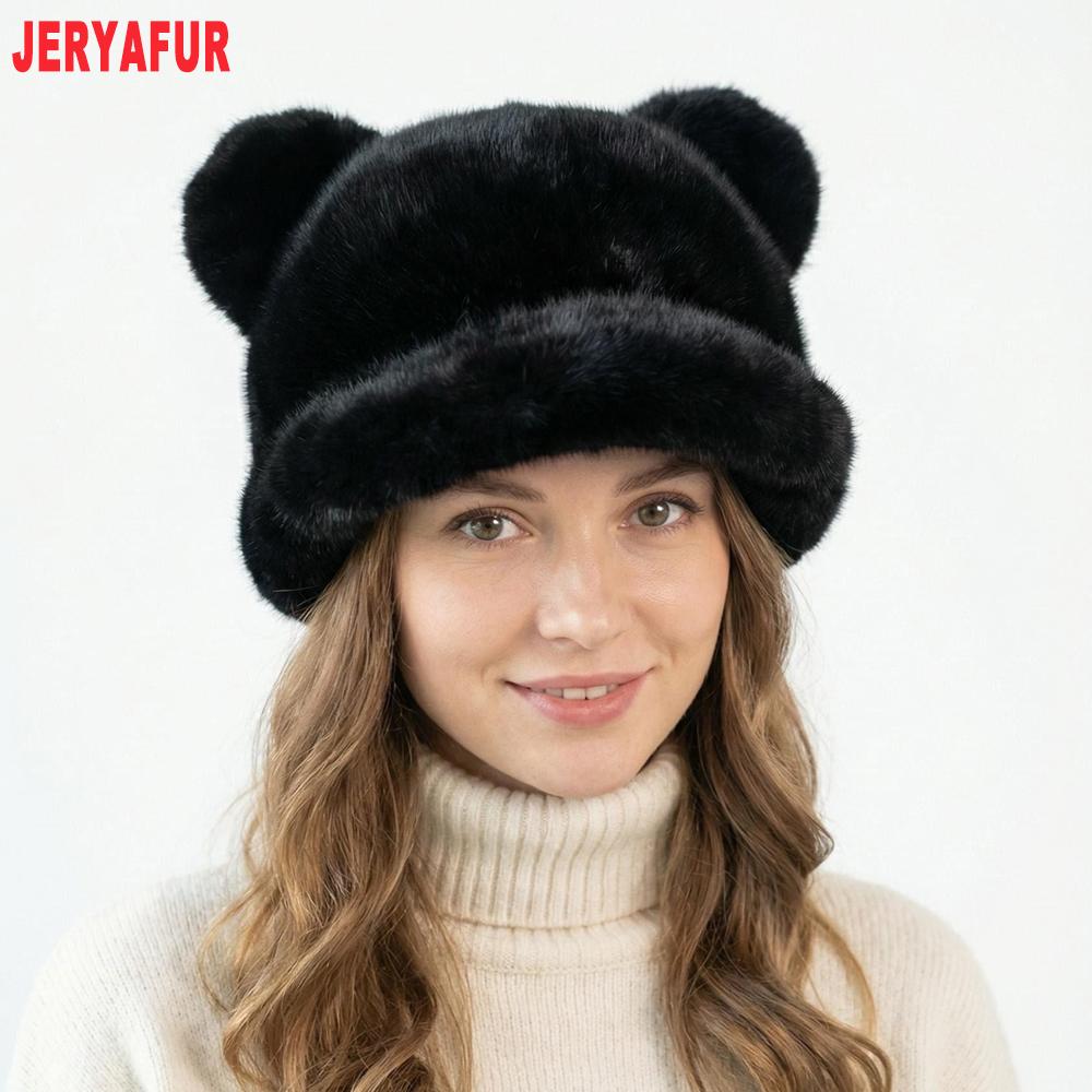 Women White Faux Fur Baseball Cap, Curved Brim Hat with Black Pom‑pom, Soft Plush Winter Ladies Cap, 55‑60cm Head Circumference