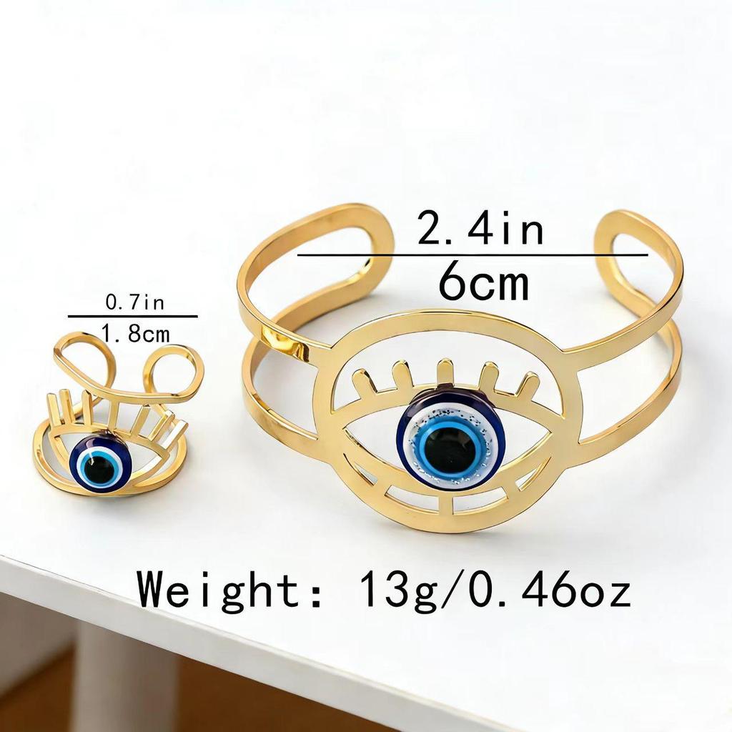 Devil Eye Hollow Ring Bracelet Set - Adjustable & Unique Design for Women