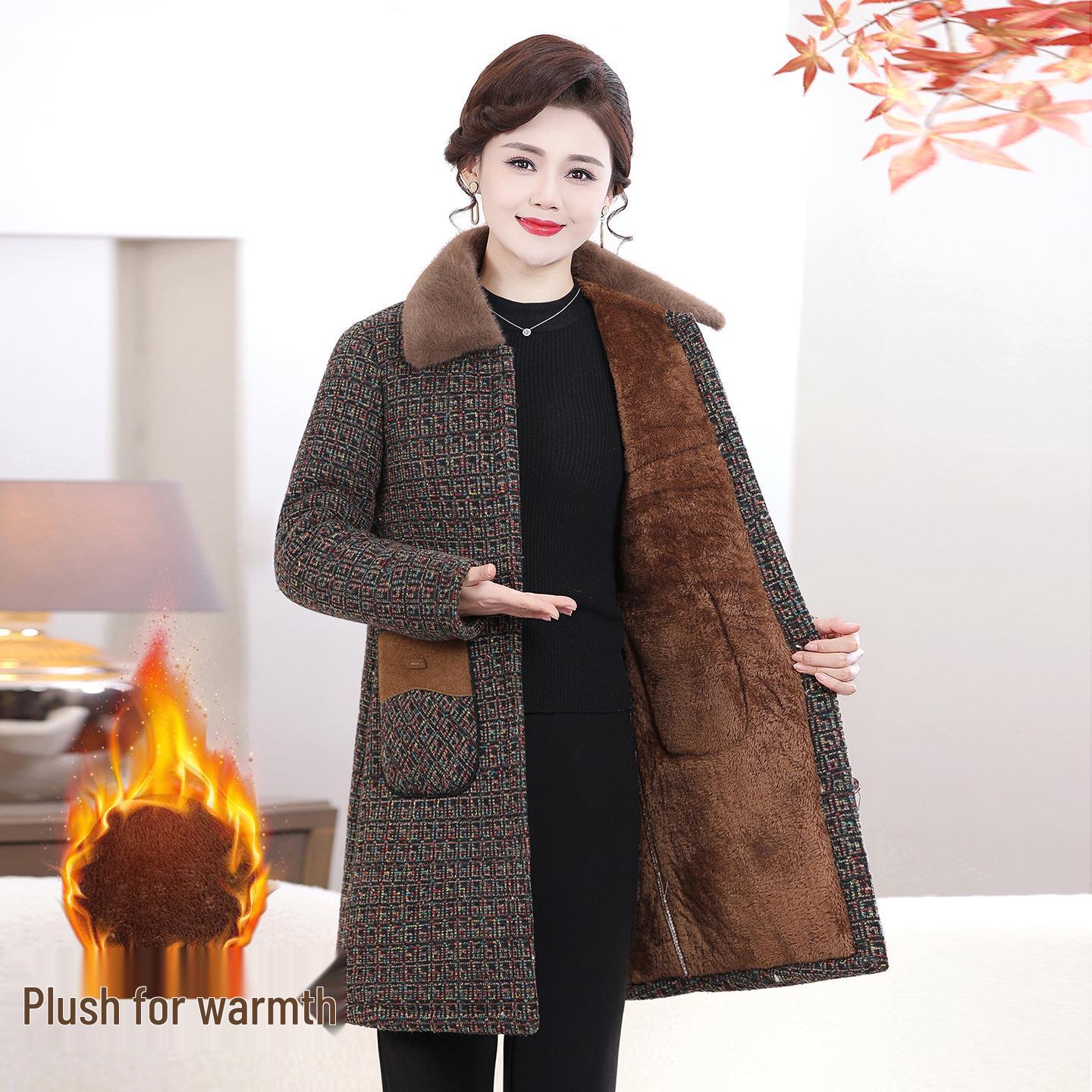 

Mink Velvet Cotton Padded Jacket for Middle-aged Women - Autumn/Winter Plus Velvet Thickened Wool Coat 2XL [Recommended for 105-120 lbs] кавовий