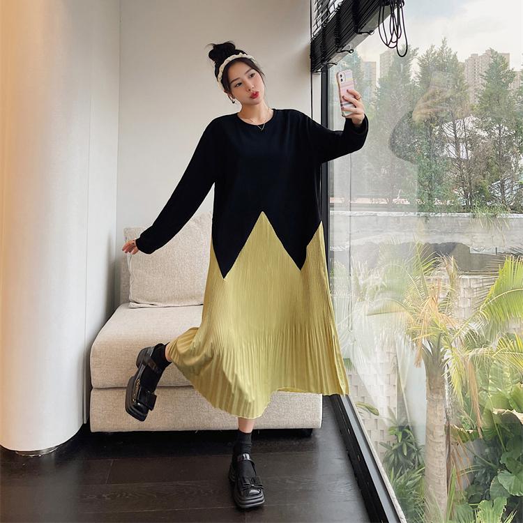 DIMANAF 2023 Winter Plus Size Shirt Dress Women Loose Dress Chiffon Beach Spliced Solid Casual Plaid Vintage Full Length Dresses O-Neck