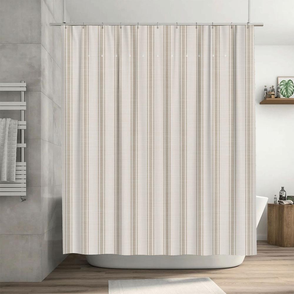 Vintage-inspired shower curtain featuring Art Deco design with geometric patterns in navy blue, mustard yellow, beige, orange, r
