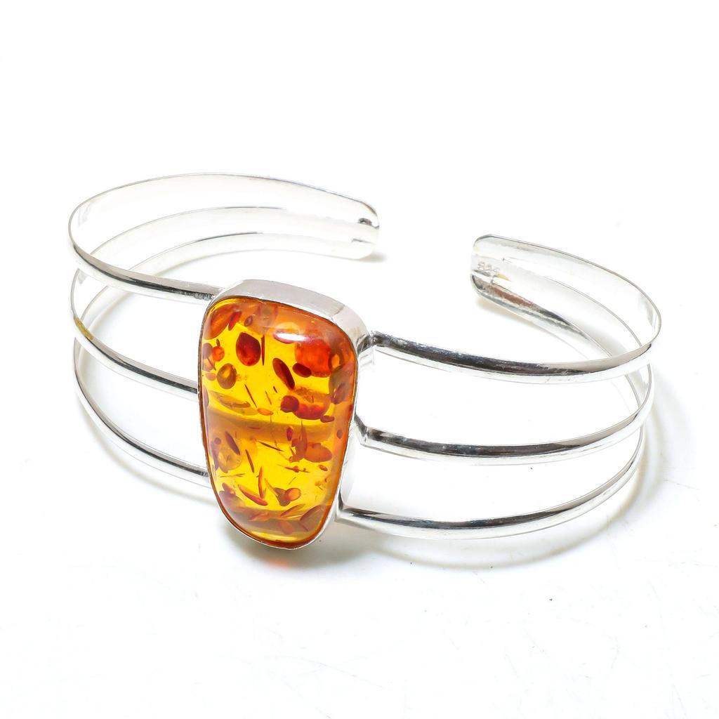 925 Silver Plated Natural Amber Gemstone Handmade Cuff Bracelet Jewelry Size Adjustable