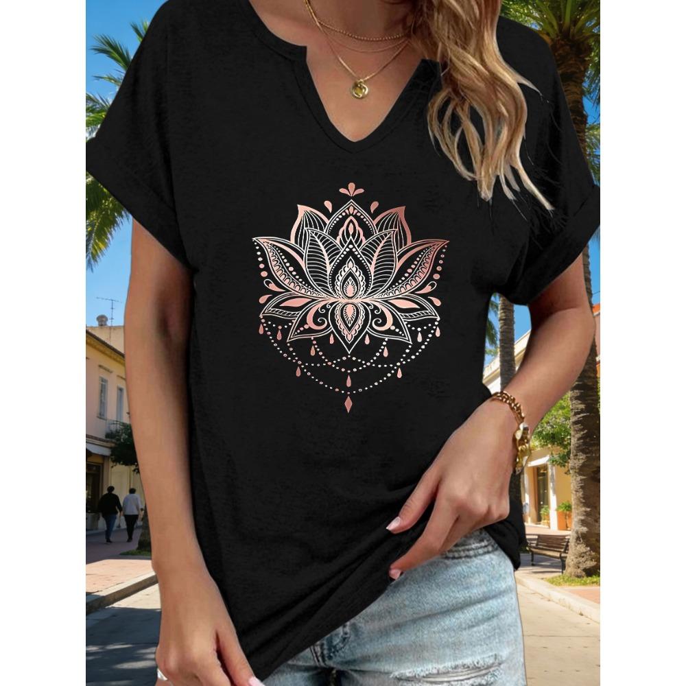 Women's V-Neck Mandala Lotus Graphic Tee, Boho Floral Print T-Shirt, Casual Loose Short Sleeve Daily Fashion Top