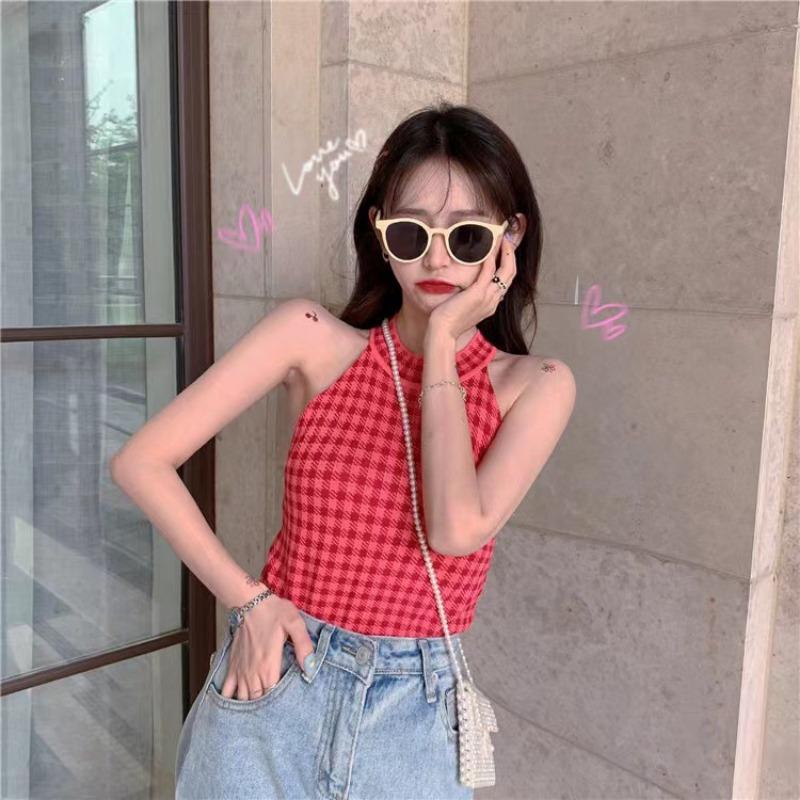 Letní síťový nový jahodový tisíc ptáků kostkovaný dámský letní sexy roztomilý krátký ohlávkový top vesta postroj