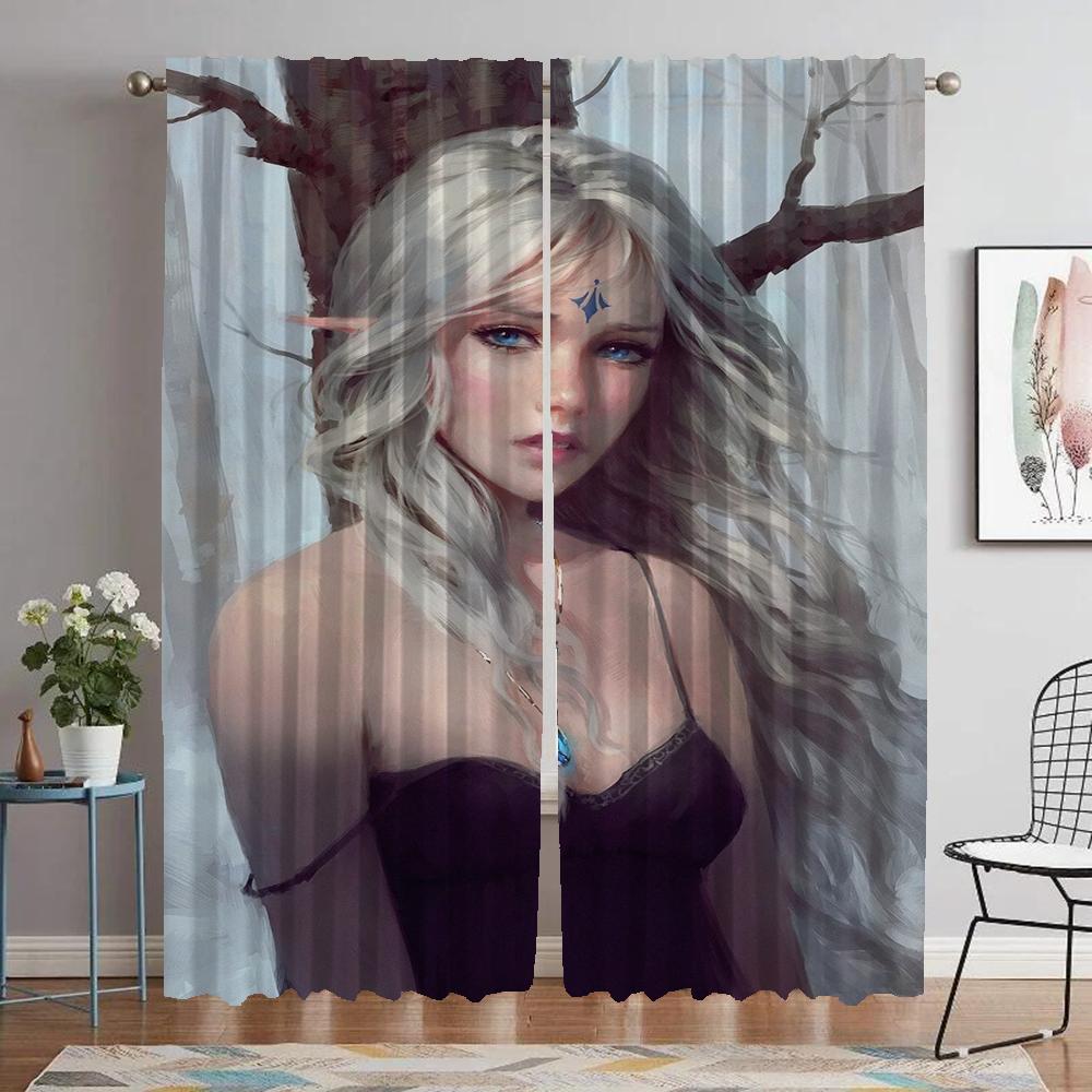 Blackout Curtains 2 Pieces Female Elf Tulle for Bedroom Modern Living Room Curtains Partition Window Curtain Shades Kitchen Home