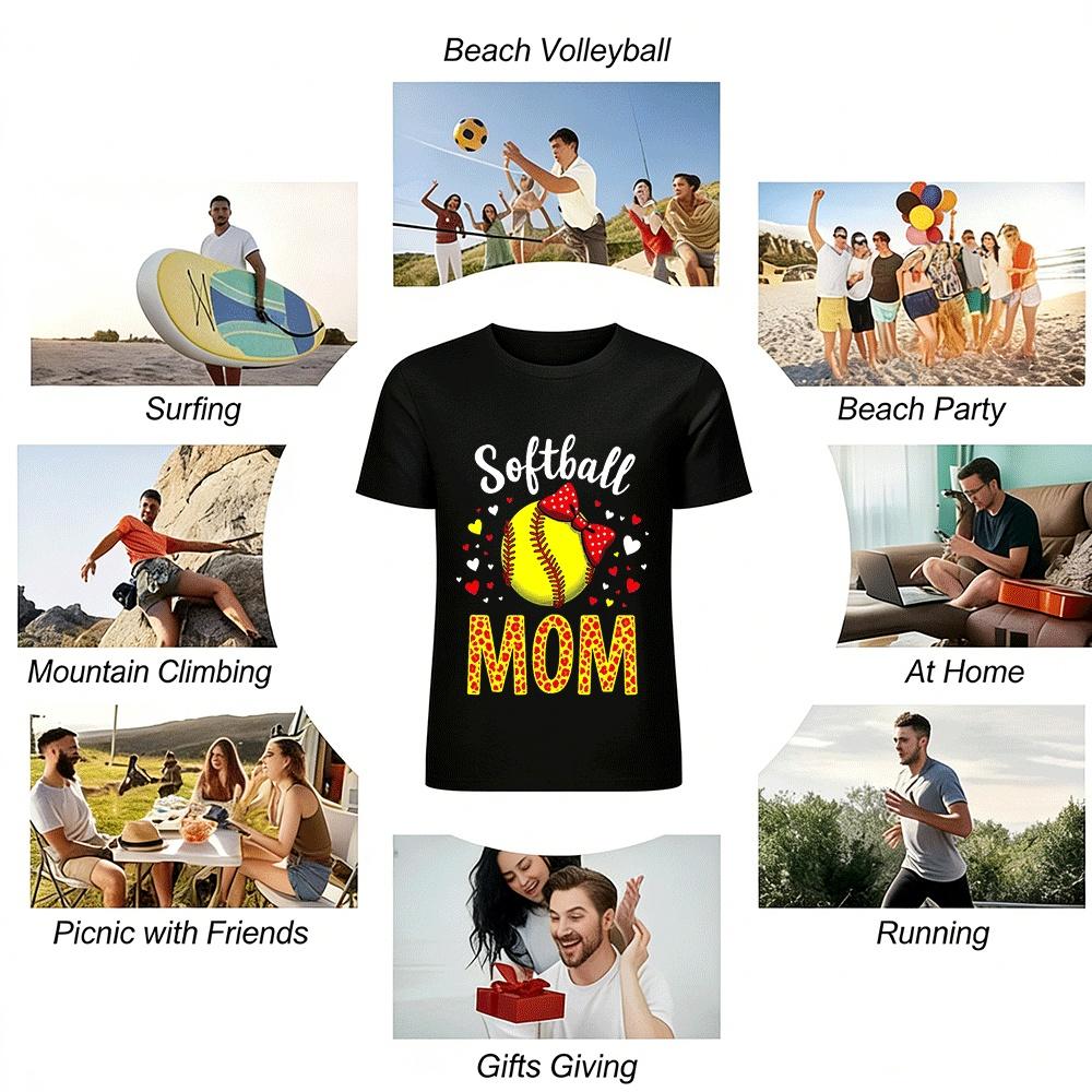 Softball Mom Leopard Print Bow Heart Graphic Casual Tee Pure Cotton T-shirt