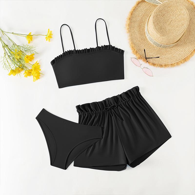 2024 Girls' Solid Color Bandeau Swimsuit Set - 3-Piece Sporty Separates