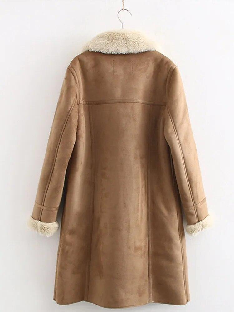 Dámské Elaegantní dvoulícní kožešinový midi kabát Vintage Dlouhý rukáv Klopa Kapsa Zip Dlouhá zimní bunda Dámský Silný Streetwear Kabát