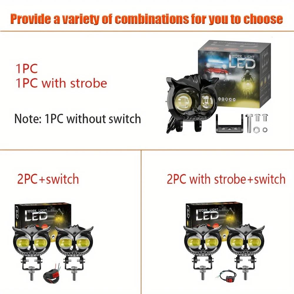 Dual Color Motorcycle Headlight Owl Design 4 Modes Auxiliary Spotlights Motorbike Scooter Fog Lamp Running Lights