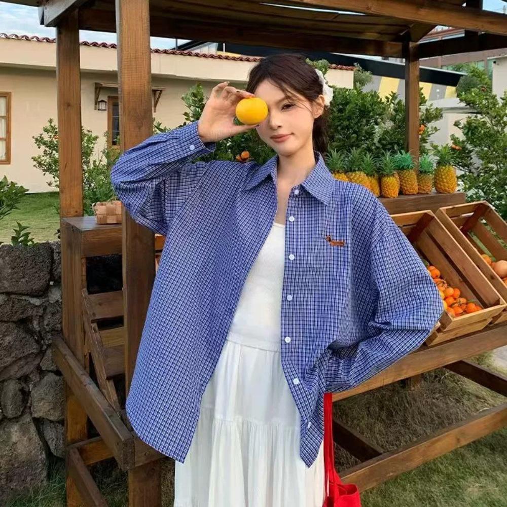 

Women s Blue Plaid Dog Embroidery Long Sleeve Loose Shirt - Autumn/Winter 2025 Collection S (Premium Quality) синий
